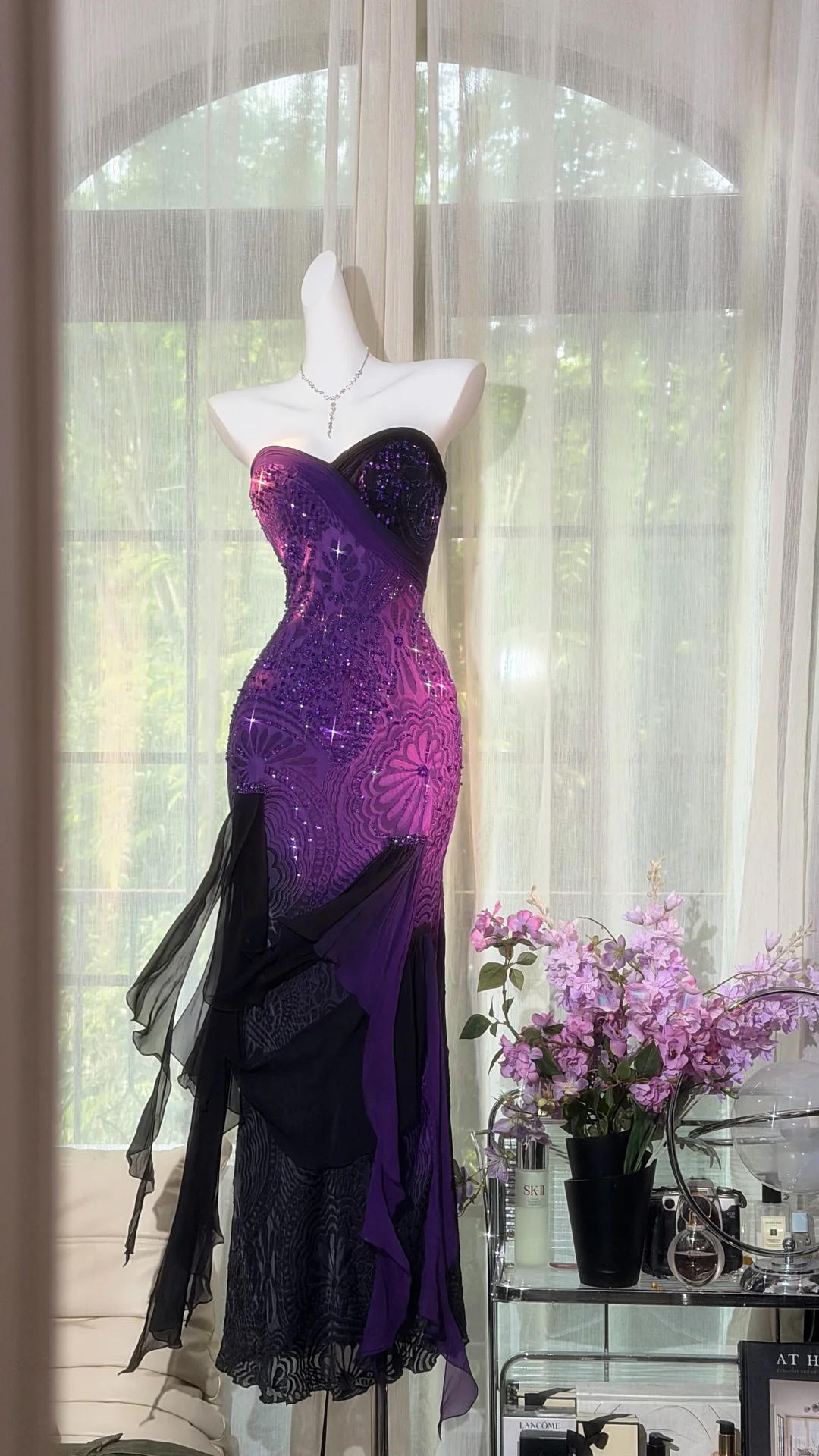 Sparkly Strapless Ombre Purple Beaded Mermaid Evening Dress Ruffled Chiffon Hem Prom Dress DP8303