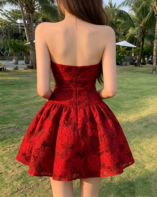 Elegant Sweetheart Strapless Red Jacquard A-Line Homecoming Dress DP8731