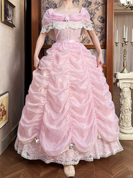 Robe de bal vintage rose pâle à fronces en organza et bordure en dentelle pour Sweet 16 ou Quinceañera DP7940