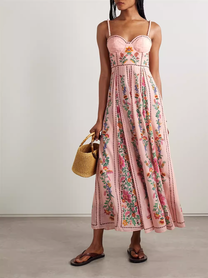 Gorgeous Pink Floral Embroidered Beaded Spaghetti Strap Sweetheart Maxi Prom Dress DP8235