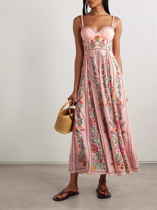 Gorgeous Pink Floral Embroidered Beaded Spaghetti Strap Sweetheart Maxi Prom Dress DP8235