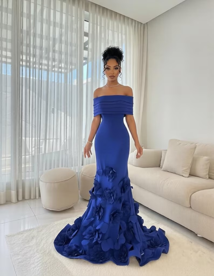 Robe de bal sirène vintage bleu roi à épaules dénudées avec traîne florale 3D DP8409