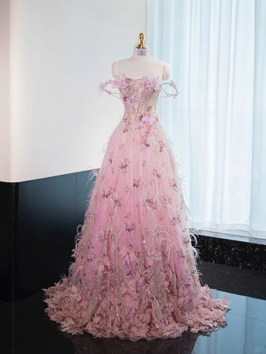 Gorgeous Pink Off-Shoulder 3D Floral Ostrich Feather Sequin Evening Gown DP7435