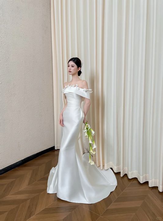 Gorgeous Off-the-Shoulder Satin Mermaid Wedding Dress 3D Floral Neckline Bridal Gown DP8315