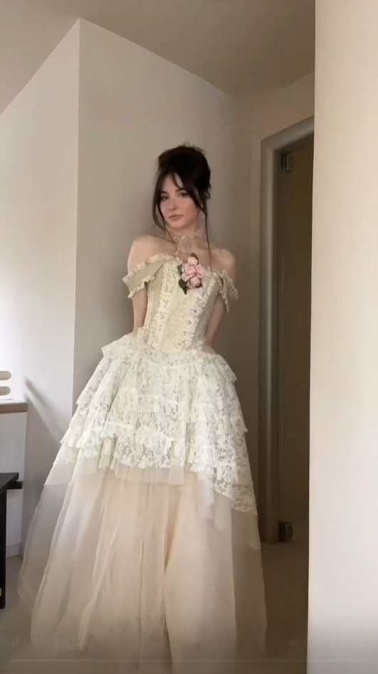 Ivory Off Shoulder A-Line Tulle Lace Birthday Dress Ball Gown, DP3786