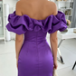 Vintage Purple Satin Off-Shoulder Ruffle Bodycon Homecoming Dress DP8546