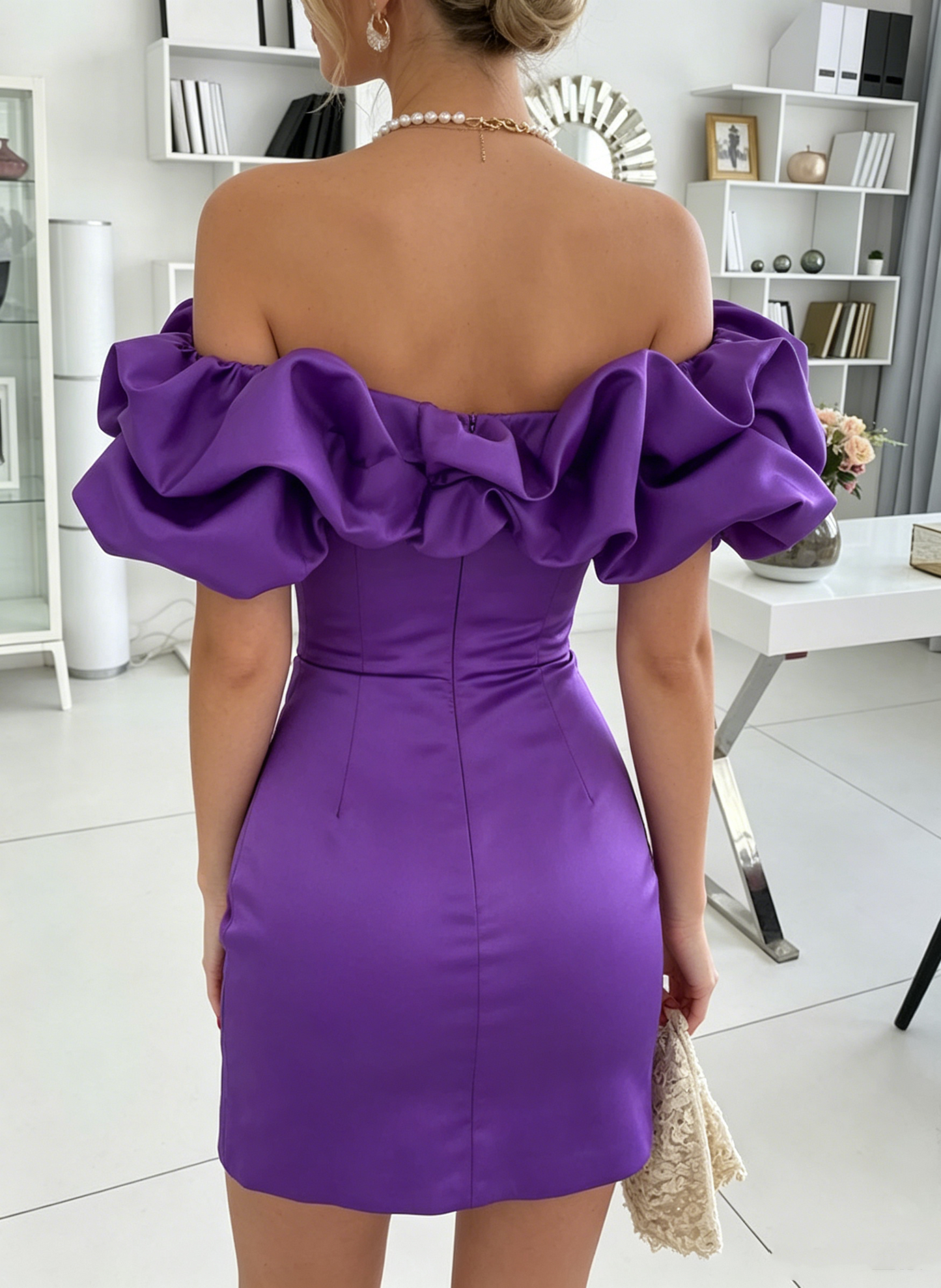 Vintage Purple Satin Off-Shoulder Ruffle Bodycon Homecoming Dress DP8546