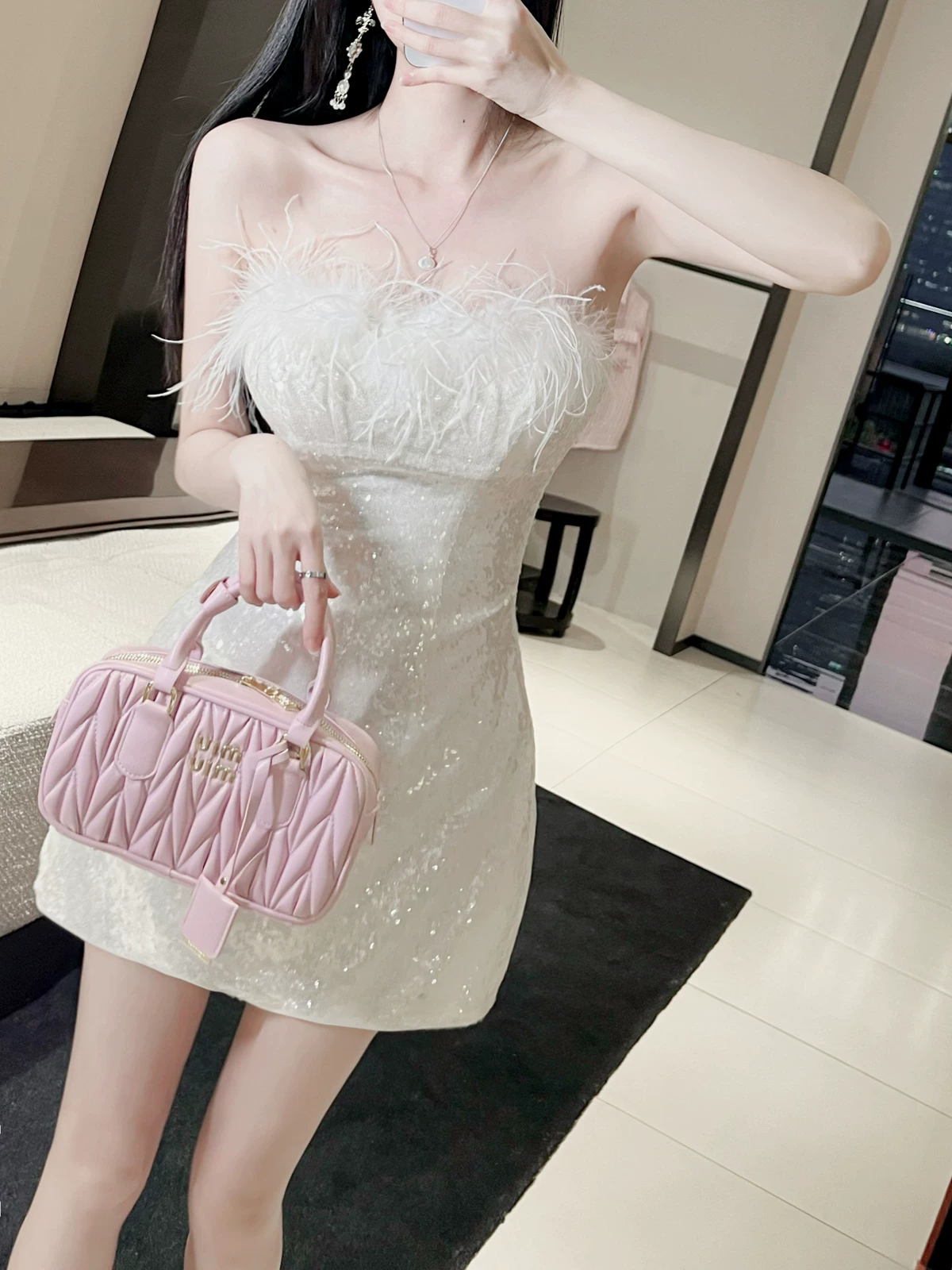 Elegant Sequin Strapless Feather Trim A-Line Homecoming Dress DP8809