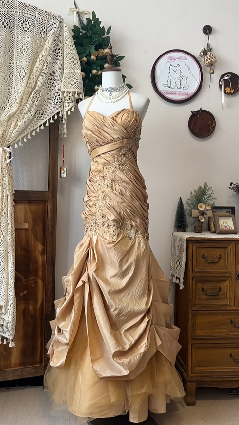 Vintage Golden Applique Ruffle Mermaid Elegant Satin Tulle Evening Dress Prom Dresses DP6181
