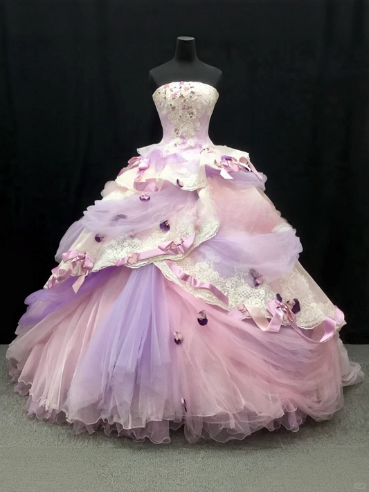 Elegant Pastel Pink & Lavender Strapless Lace Tulle Bow Details Fairycore Sweet 16 Quinceanera Ball Gown DP7276