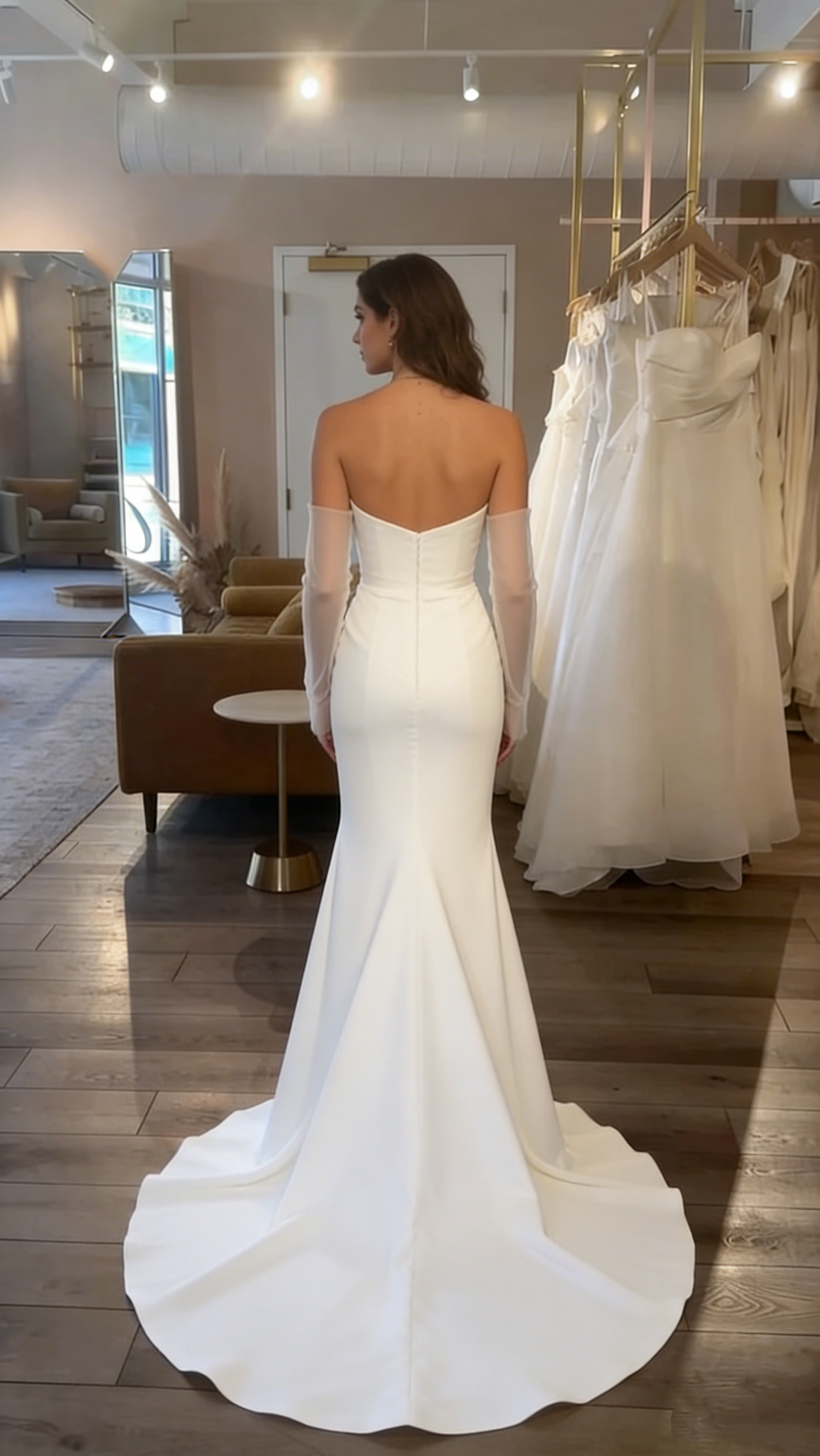 Vintage White V-Neck Strapless Mermaid Satin Long Prom Dress Wedding Dress DP2918