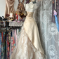 Romantic Champagne Strapless  Floral Embroidery & Layered Ruffle Prom Dress DP8318