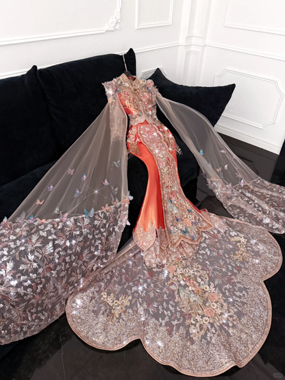 Gorgeous Shiny Beaded Exquisite Embroidery 3D Butterflies Mermaid Floor-length Evening Dress Prom Dresses DP6198