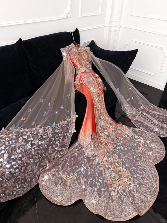 Gorgeous Shiny Beaded Exquisite Embroidery 3D Butterflies Mermaid Floor-length Evening Dress Prom Dresses DP6198