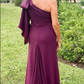 Vintage Plum Purple One-Shoulder Bow Detail Sheath Satin Mother of the Bride Dress DP7144