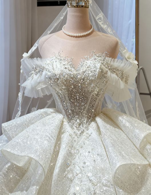 Vintage Off-the-Shoulder Sparkly Glitter Ruffle Tiered Long Train A-Line Wedding Dress DP8611