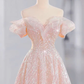 Pink Off Shoulder A-Line Tulle Appliques Long Formal Party Dress, DP4708