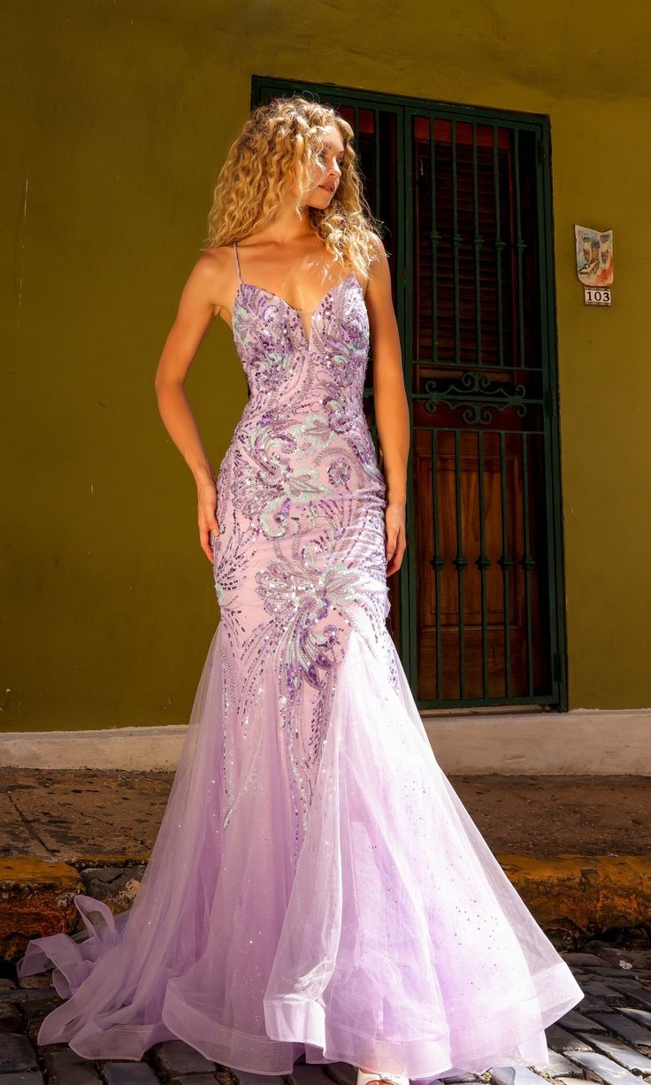 Enchanting Lavender Beaded Mermaid Evening Gown with Floral Embroidery DP8024