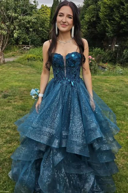 Verzaubertes türkisfarbenes Glitzer-Tüll-Ballkleid für Sweet 16 Quinceañera DP7922