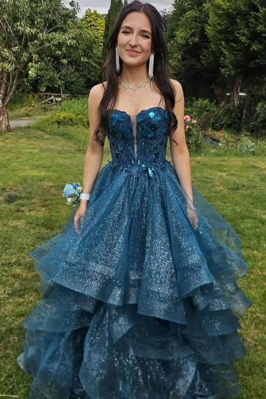 Robe de bal Quinceañera Sweet 16 en tulle pailleté bleu sarcelle à plusieurs couches DP7922
