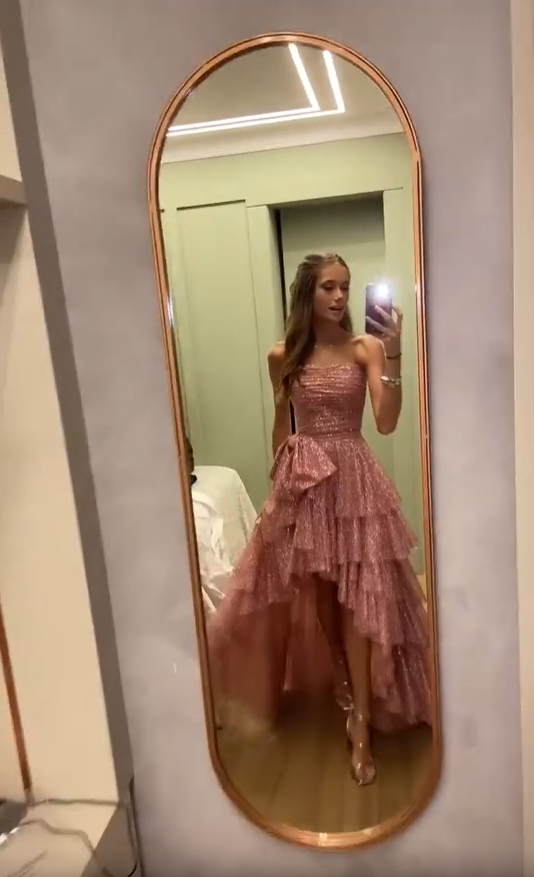 Shiny Pink Strapless A-Line High-Low Party Dress Birthday Gowns, DP3745