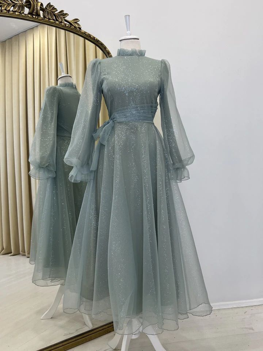 Light Blue High Neck Long Sleeves A-Line Long Formal Party Dress, DP3702