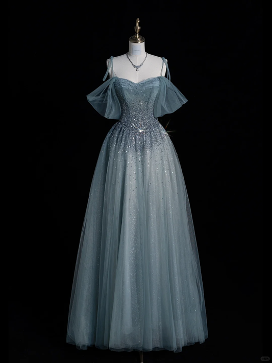 Pretty Blue Off Shoulder A-Line Tulle Long Formal Prom Dress Evening Gown, DP5356