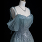 Pretty Blue Off Shoulder A-Line Tulle Long Formal Prom Dress Evening Gown, DP5356