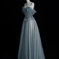 Pretty Blue Off Shoulder A-Line Tulle Long Formal Prom Dress Evening Gown, DP5356