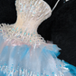 Gorgeous Sparkling Blue Sequin A-Line Elegant Chiffon Evening Dress Prom Dresses Ball Gown DP6167