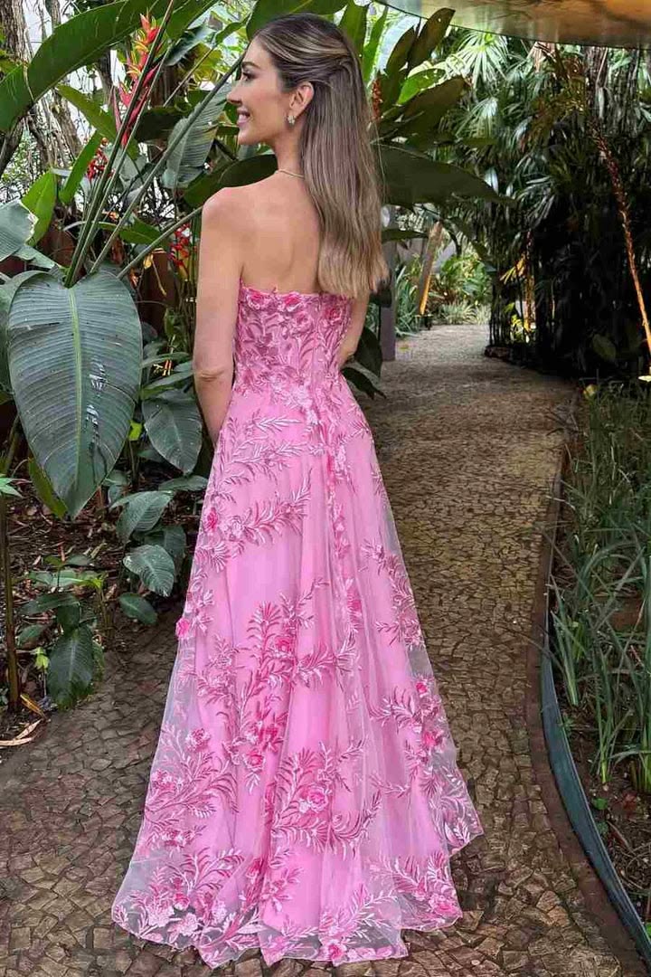 Elegant Pink 3D Floral Lace Strapless Ball Gown Sweetheart A-Line Prom Dress Evening Gown DP8188