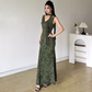 Robe de soirée sirène vintage à col en V et motif floral vert, tenue de bal d'été DP6344
