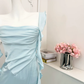 Vintage Light Blue Satin Cowl Neck Mermaid Ruffle Spaghetti Straps Ruched Prom Dress DP8569