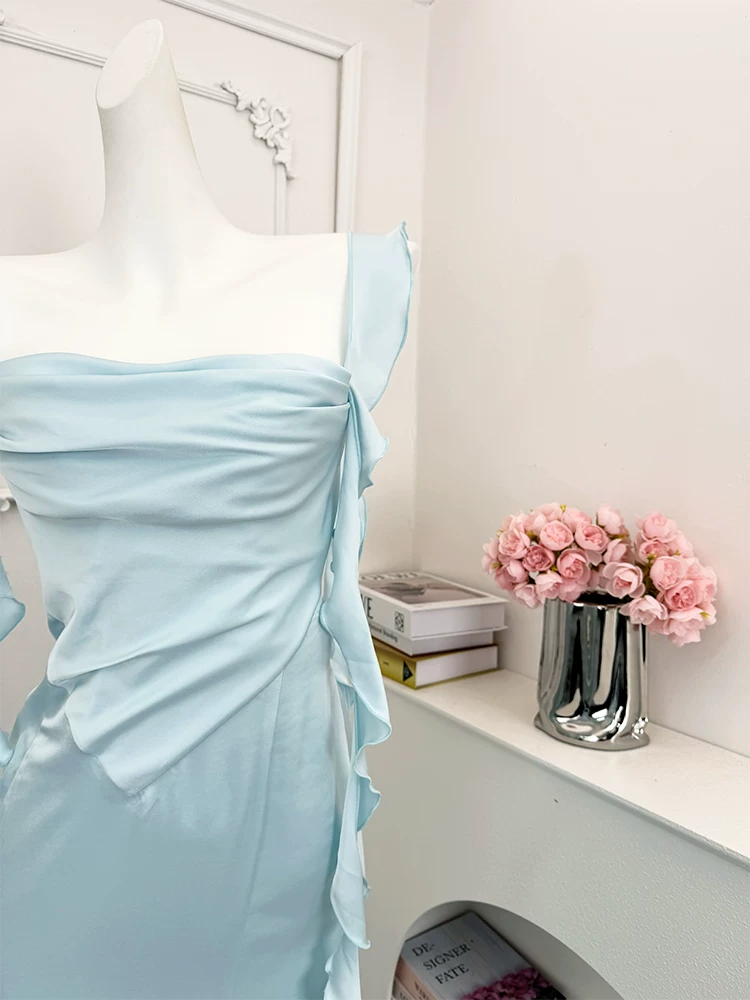 Vintage Light Blue Satin Cowl Neck Mermaid Ruffle Spaghetti Straps Ruched Prom Dress DP8569