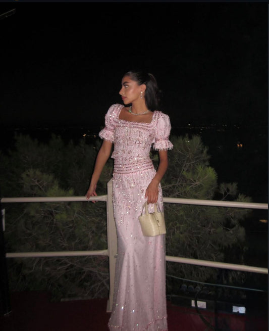 Vintage Pink Glittering Sequin Prom Dress Sheath Two-piece Evening Gown Short-sleeved Party Dress Long Formal Dress DP6894