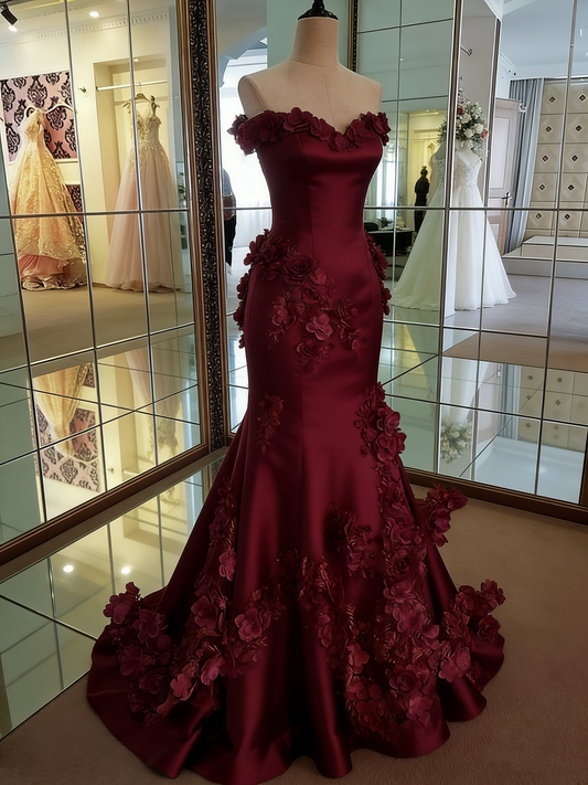 Vintage Burgundy Strapless Sweetheart Mermaid 3D Floral Appliques Evening Dress DP8091