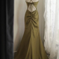 Glamorous Olive Green Satin Spaghetti Strap Deep V-Neck Mermaid with Train Prom Dress DP7651