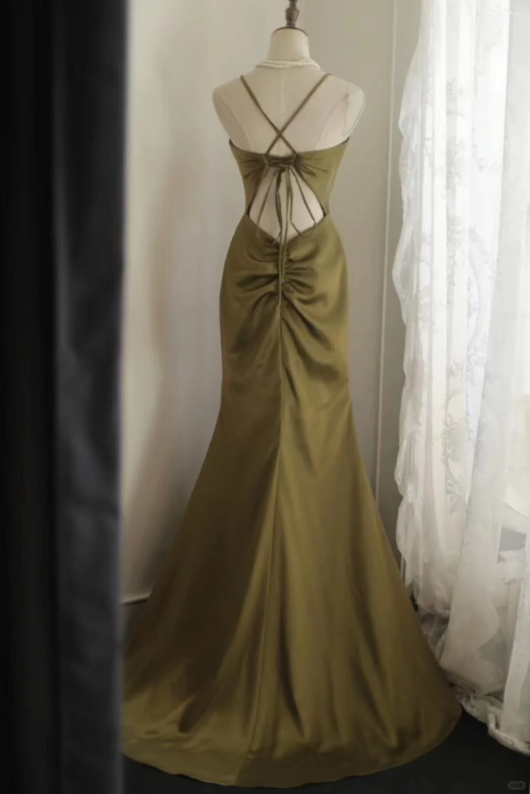 Glamorous Olive Green Satin Spaghetti Strap Deep V-Neck Mermaid with Train Prom Dress DP7651