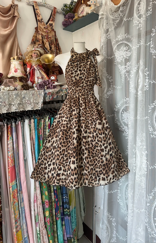 Vintage Leopard Print Halter Dress Design A-Line Homecoming Dress Party Dress DP6209