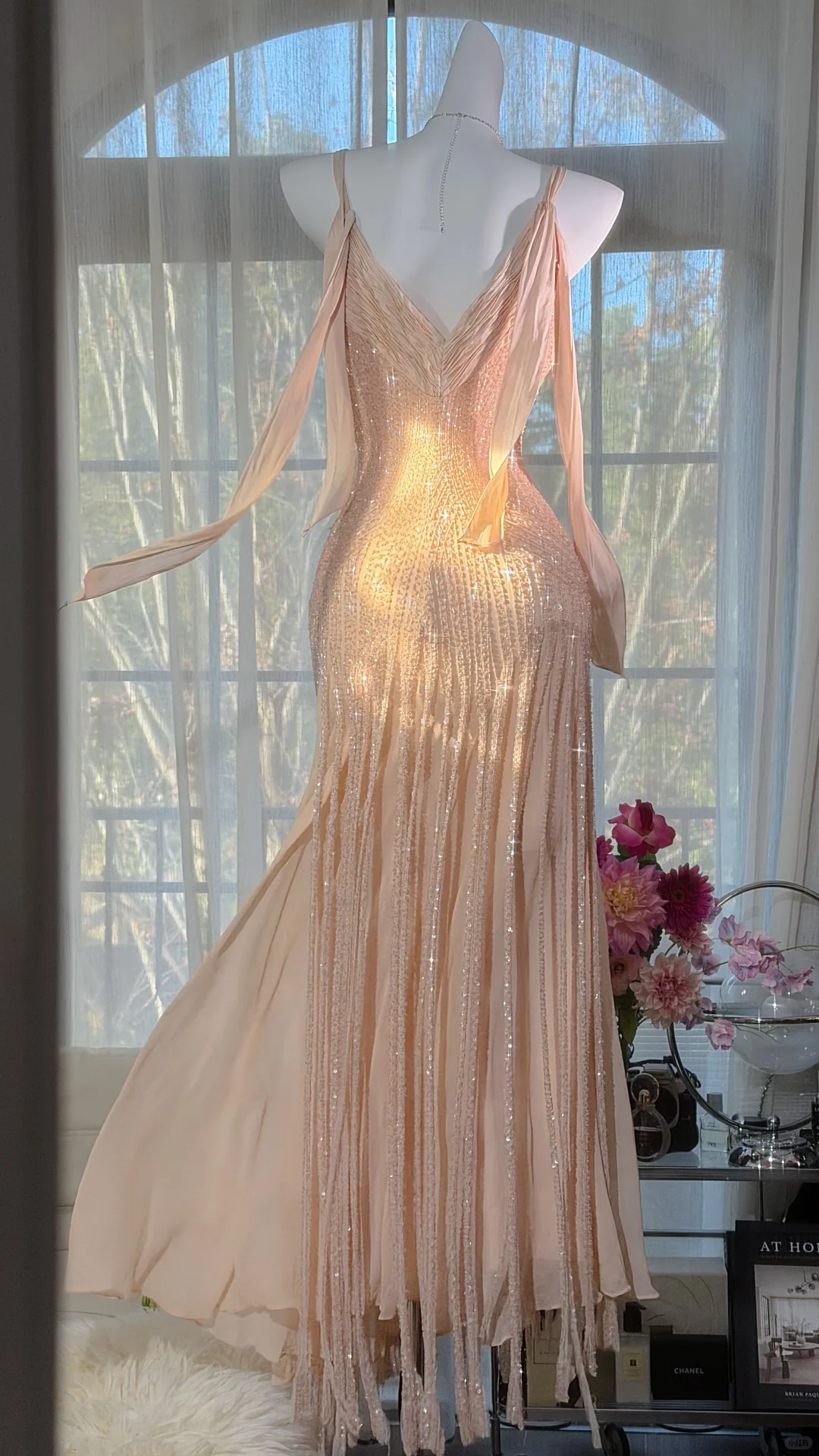 Glamorous Champagne Beaded Mermaid Prom Gown Spaghetti Strap Ruched Evening Dress DP8126