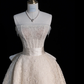 Pretty Champagne Strapless A-Line Lace Long Evening Party Dress Birthday Outfits, DP5357
