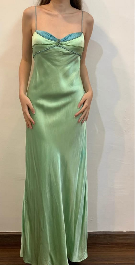 Green Spaghetti Straps Beading Sheath Long Party Dress, DP3703