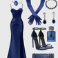 Navy Spaghetti Straps Mermaid Long Party Dress Elegant Birthday Party Dress, DP3625