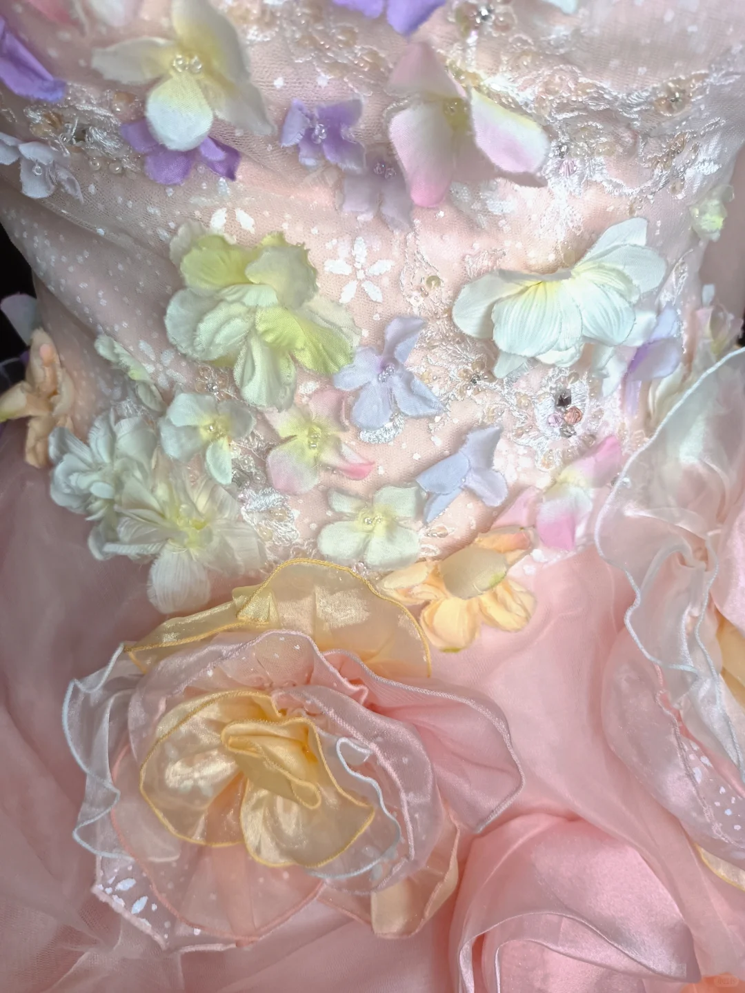 Glamorous Pastel Rainbow 3D Floral Strapless Pink Ruffled Princess Sweet 16 Quinceanera Ball Gown DP7548