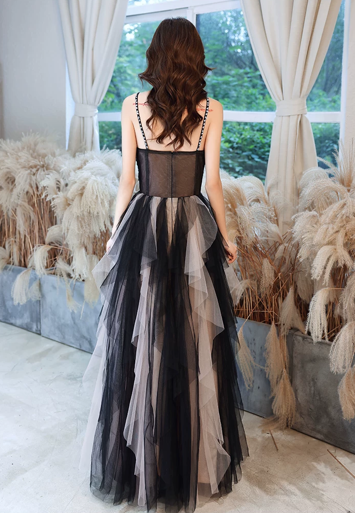 Elegant Black Ombre Tulle Spaghetti Straps Lace Appliques A‑Line Long Evening Gown DP8825