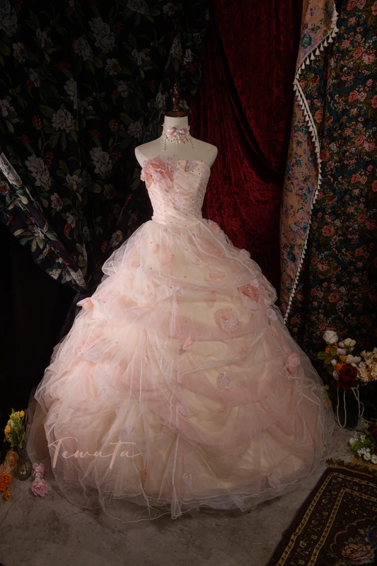 Gorgeous Pink Beaded Strapless Layered Tulle Ruffle 3D Floral Sweet 16 Quinceanera Ball Gown  DP7415