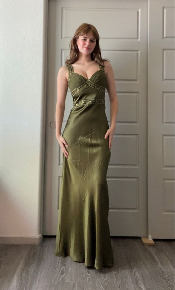 Vintage olivgrünes, satiniertes, perlenbesetztes Sweetheart Meerjungfrauen-Abendkleid DP8360