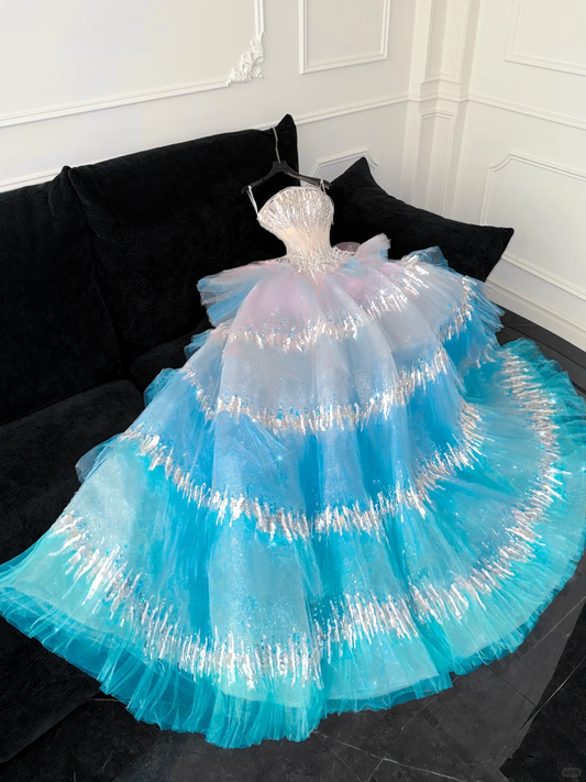 Gorgeous Sparkling Blue Sequin A-Line Elegant Chiffon Evening Dress Prom Dresses Ball Gown DP6167
