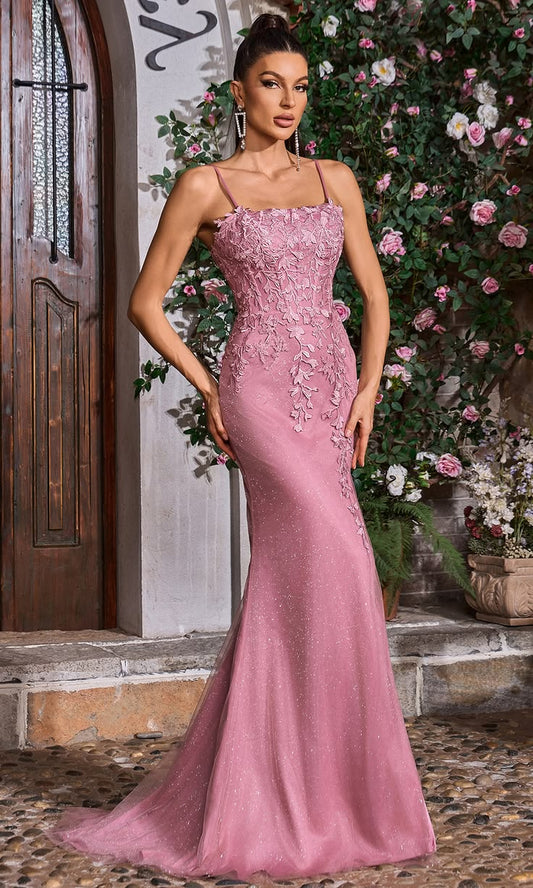 Elegant Spaghetti Strap Mermaid Floral Lace Applique & Glitter Tulle Prom Gown DP8177