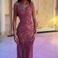 Vintage Pink Beaded Prom Dress Sheath Evening Dress Straps Party Dress Long Formal Dress DP6868